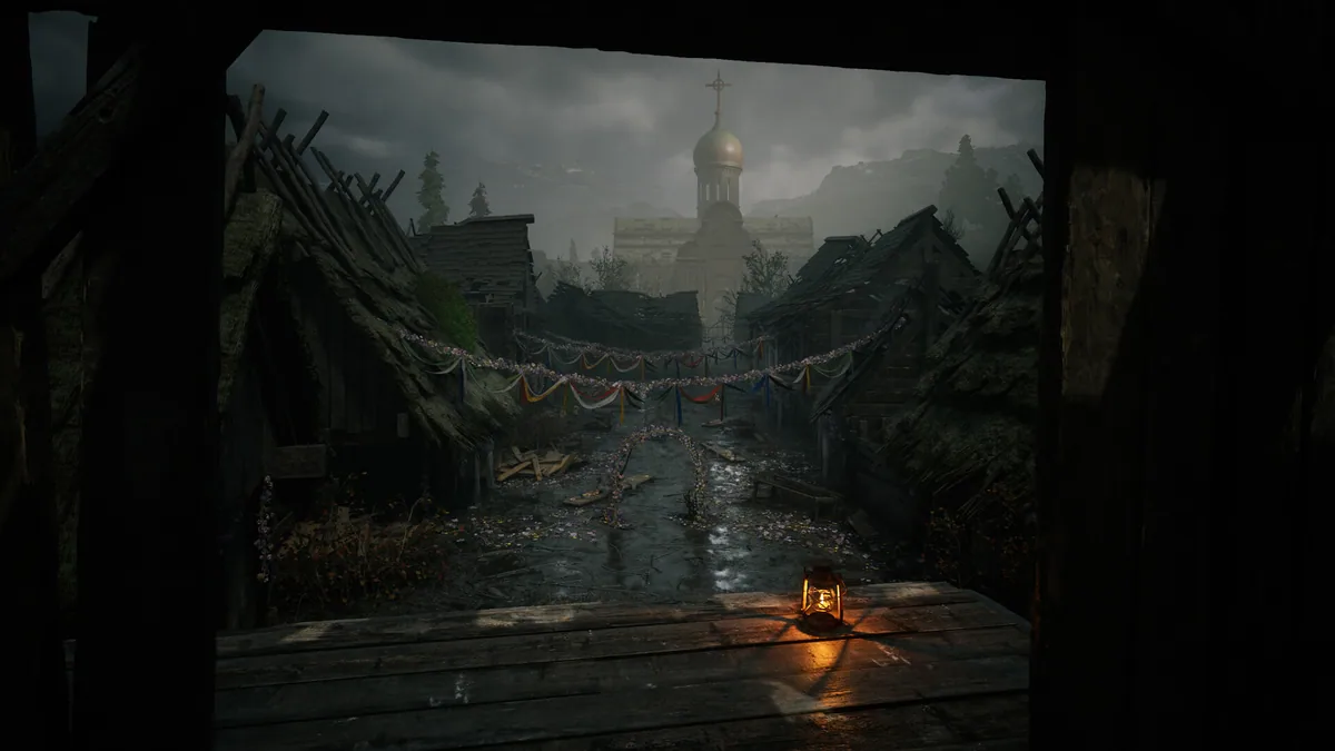 Scenic vantage point over a flooded dark gothic town leading to a domed cathedral